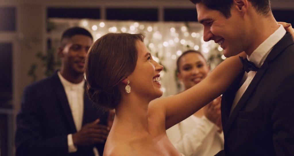 Bride and groom first dance in front of Oxfordshire wedding DJ, from AURA.