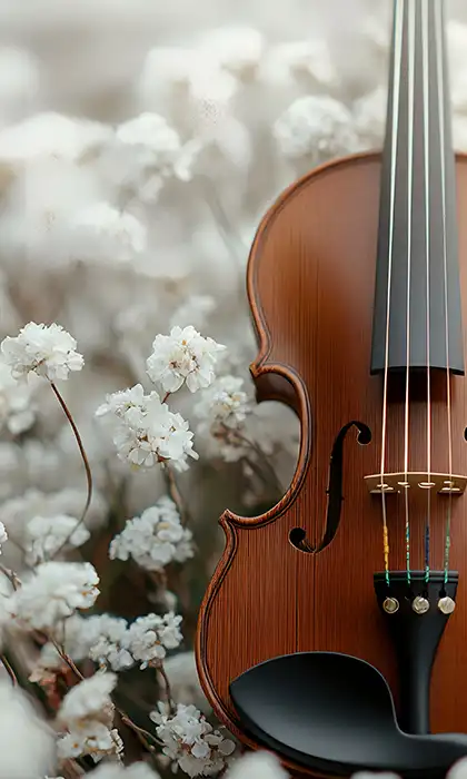 Close-up of a wooden violin among delicate white flowers, symbolising elegant classical wedding music.
