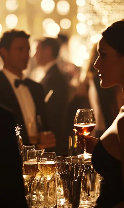 Elegant wedding guests enjoying drinks at a stylish evening reception with soft golden lighting.