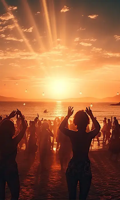 Wedding guests dancing on a beach at sunset with golden light and chilled Ibiza vibes.