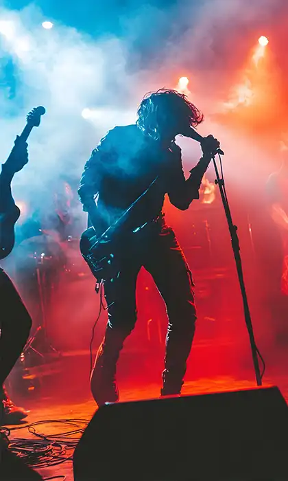 Rock band performing live on stage with dramatic lighting and energetic atmosphere.