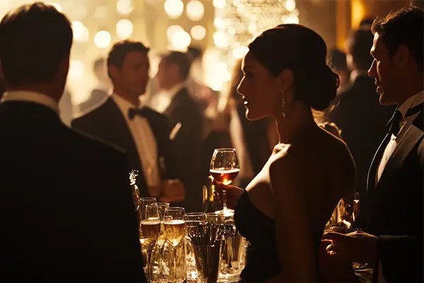 Stylish wedding guests in black tie enjoying champagne and elegant music in a golden-lit reception.