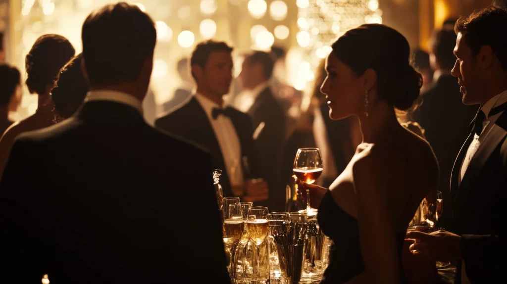 Elegant wedding guests enjoying drinks at a stylish evening reception with soft golden lighting.