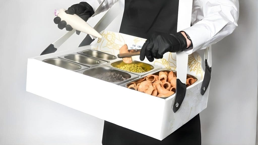 Professional server preparing cannoli with fresh cream and toppings from a mobile tray as part of AURA’s Walking Cannoli Bar hire.