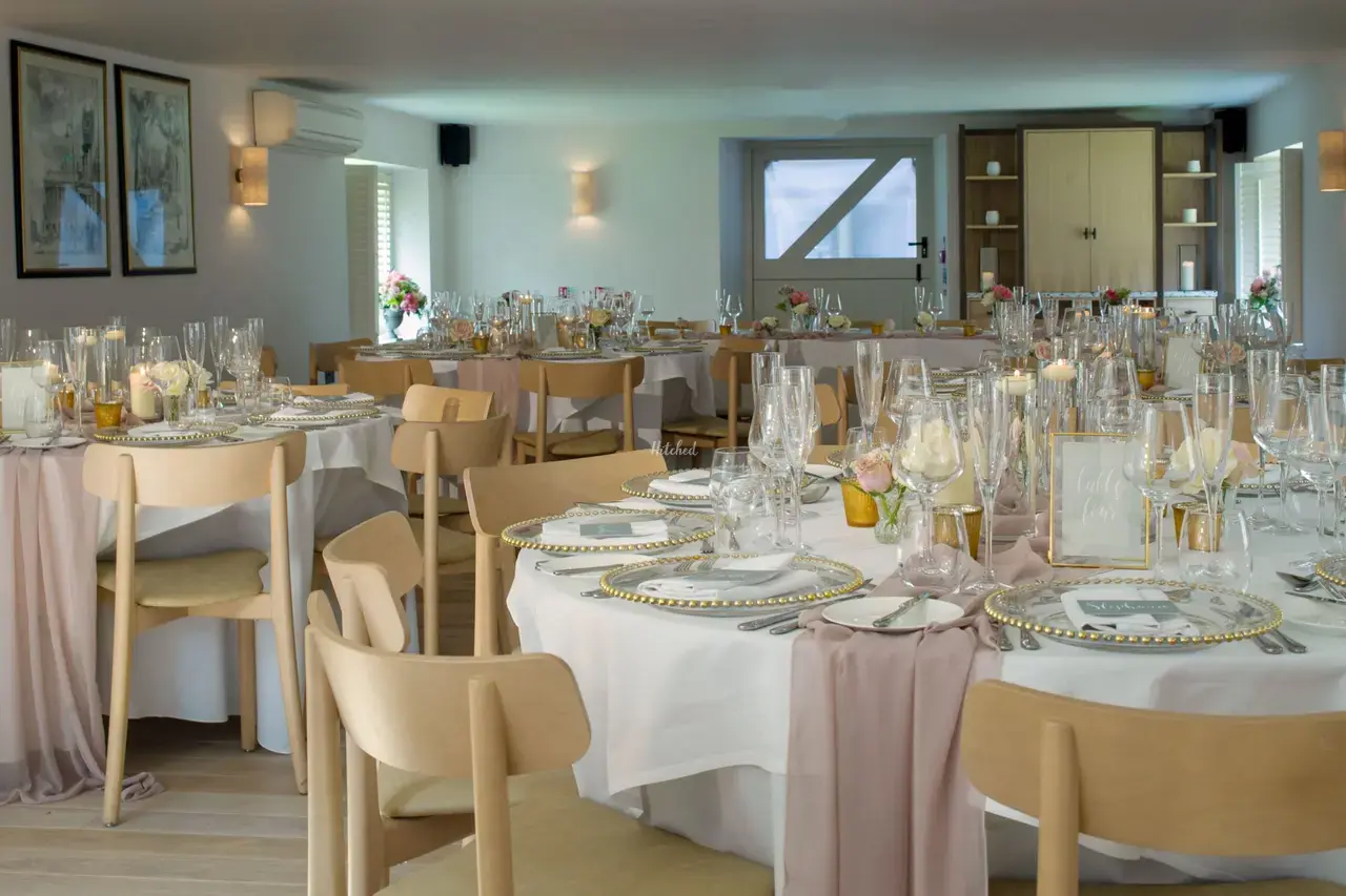 Elegant wedding breakfast setup inside Minster Mill, ideal for an Oxfordshire wedding DJ reception