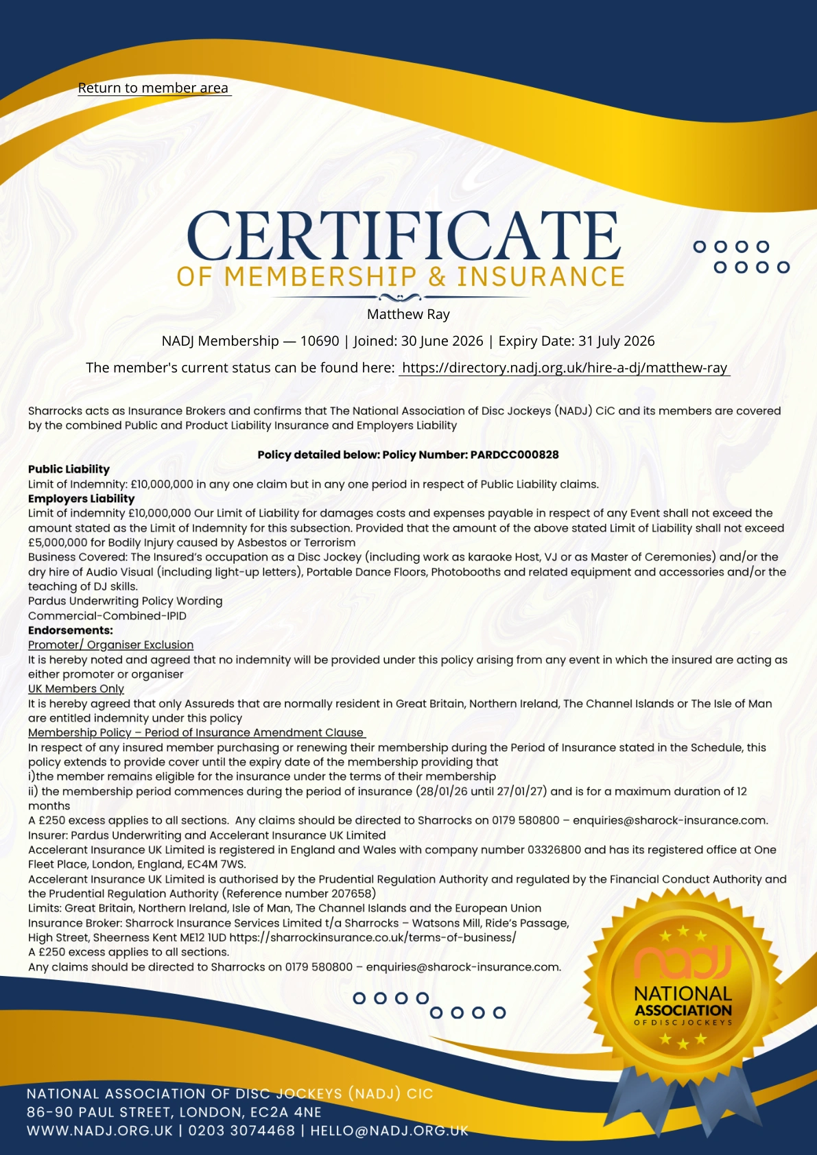 AURA Wedding DJs Certificate of Liability Insurance